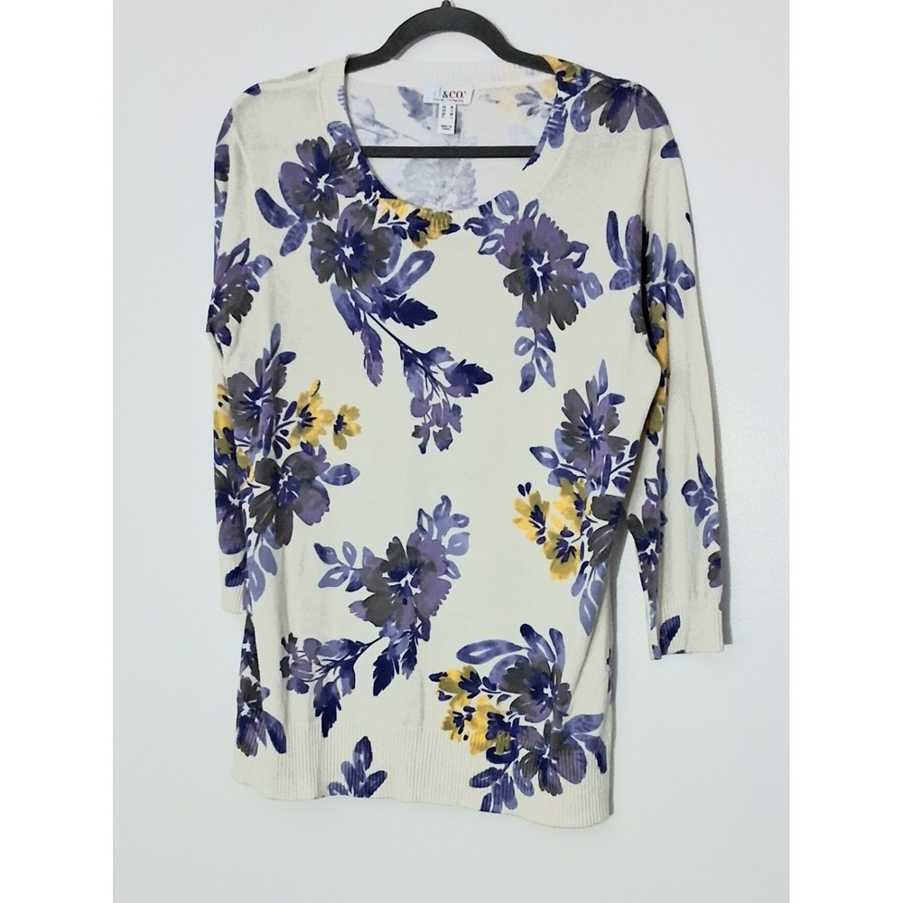 Denim & Co. Sweater Size M Floral Printed Round Neck 3/4 Sleeve Pullover Pre-own